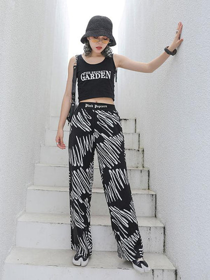 Elastic Waist Design Printed Wide Leg Pants