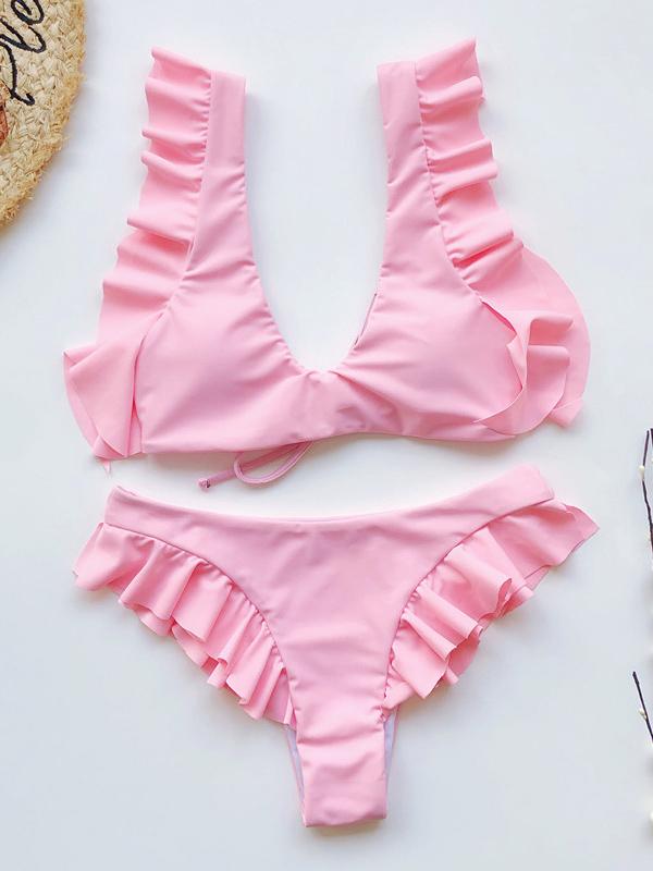 V-Neck Flounce Solid Color Split Bikini Swimsuit