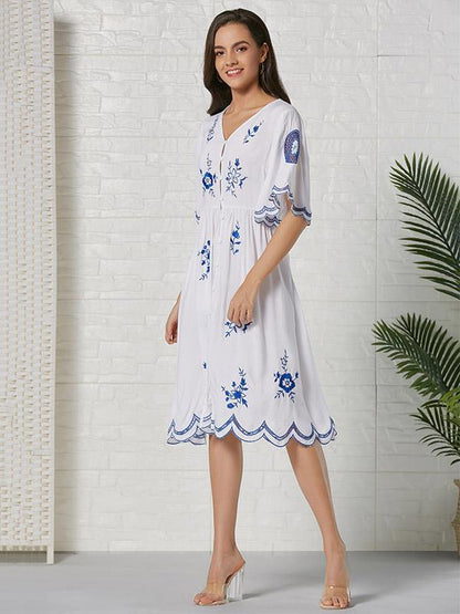 Bohemia Embroidered Hollow  Lace-trimmed Cotton Midi Dress