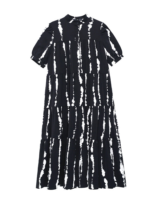 Vintage A-Line Printed Black Midi Dress