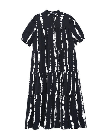 Vintage A-Line Printed Black Midi Dress