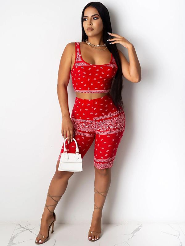 Wrap Printed Exposed Navel Tank&Shorts Yoga Suits