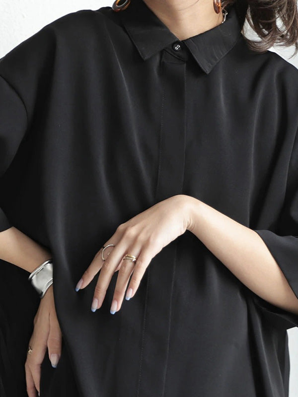 Stylish Solid Color High-Low Pleated Split-Joint Half Sleeves Blouse