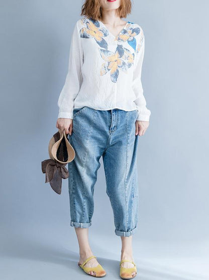 Loose Plus Size Flower Printed Blouse Tops