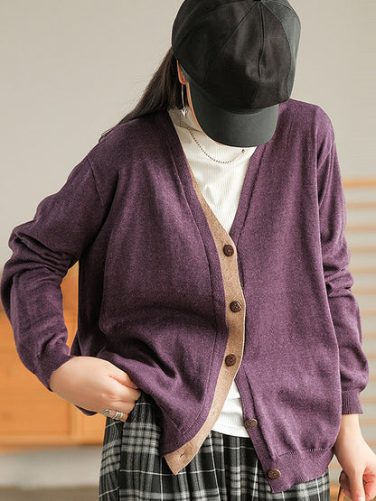 Simple Contrast Color Long Sleeves Cardigan Top