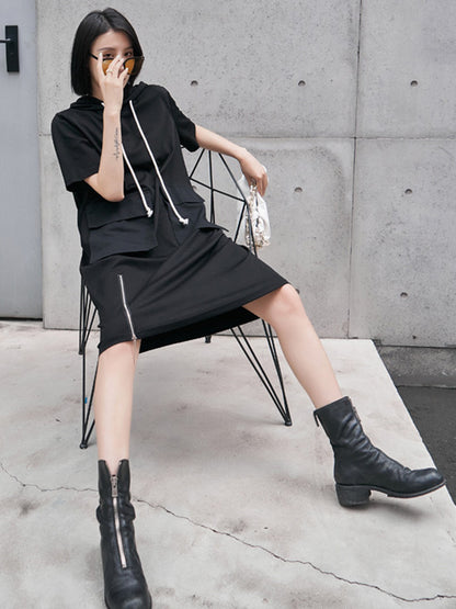 Original Black Zipper Split-Side Hooded H-Line Short Sleeves Midi Dress