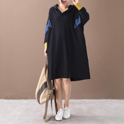 Buykud Color Matching Comfortable Loose Hooded Dress