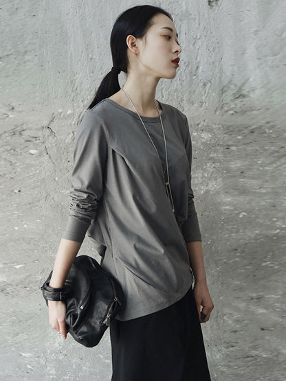 Casual Solid Color Pleated Long Sleeves Round-Neck T-Shirt Tops