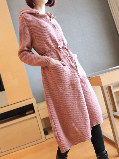 Casual Loose Solid Color Split-Joint With Pocket Buttoned Drawstring Hooded Long Sleeves Knitted Cardigan Outwear