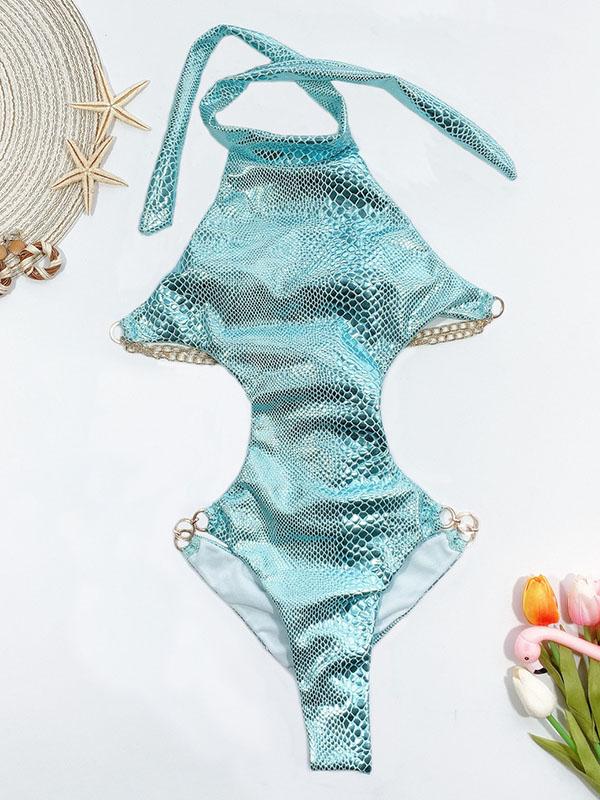 Stand Collar Snake-Print Backless One-Piece Swimwear