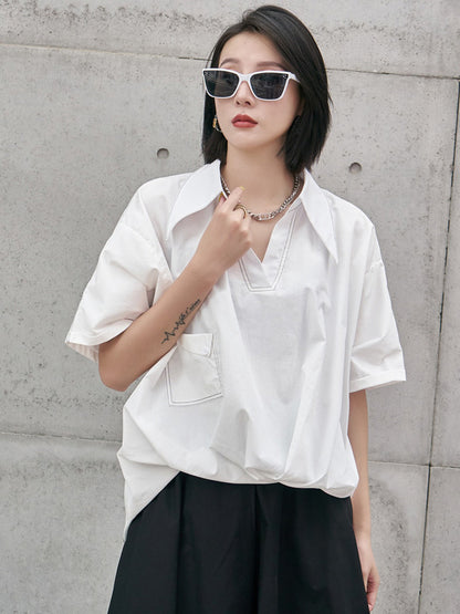 Urban Solid Color High-Low Batwing Sleeves Lapel V-Neck Shirts