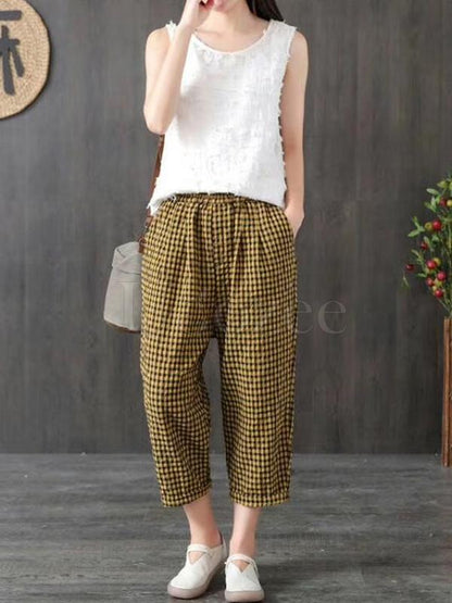 Vintage Ramie Cotton Plaid Capri Harem Pants