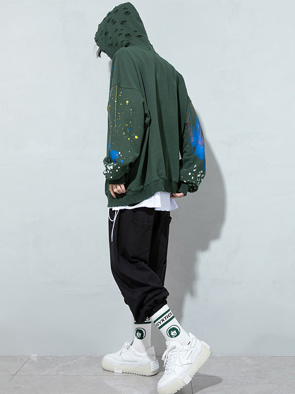 Fashion Printed Split-Joint Drawstring Hoodies Top