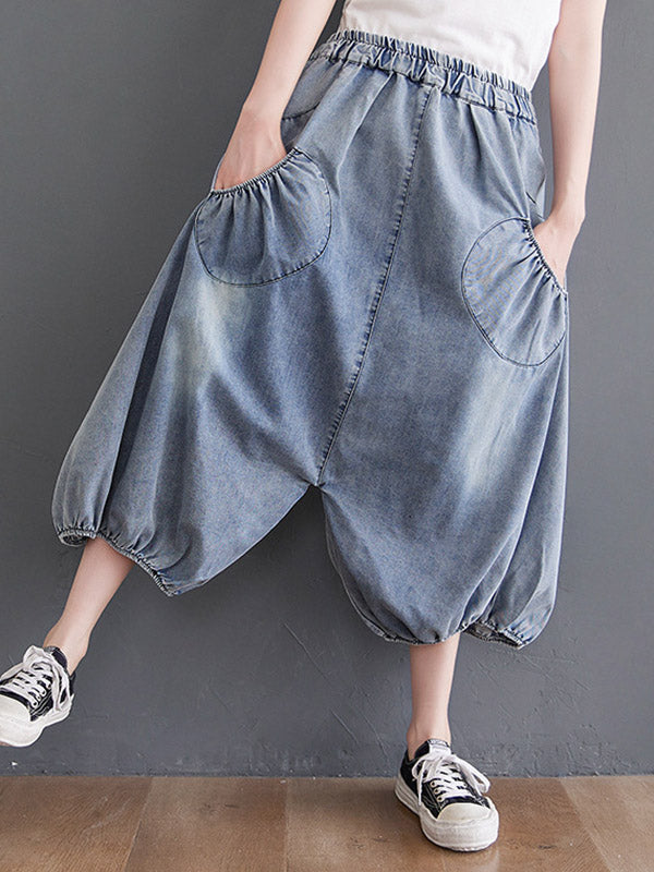 Loose Casual Elasticity High-Waist Wide Legs Jean Pants Knickerbockers