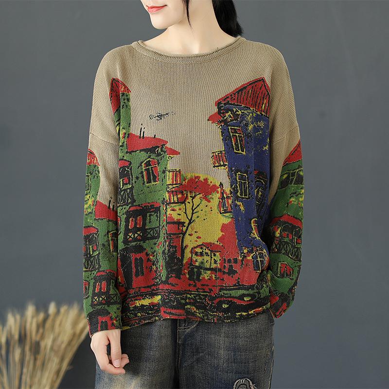 Buykud Print Long Sleeve Comfortable Breathable Sweater