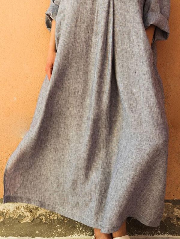 Gray Ramie Cotton Lapel Linen Long Dress