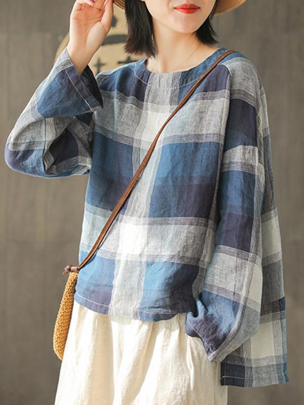 Ramie Cotton Plaid High-low Loose Fresh Shirt Top