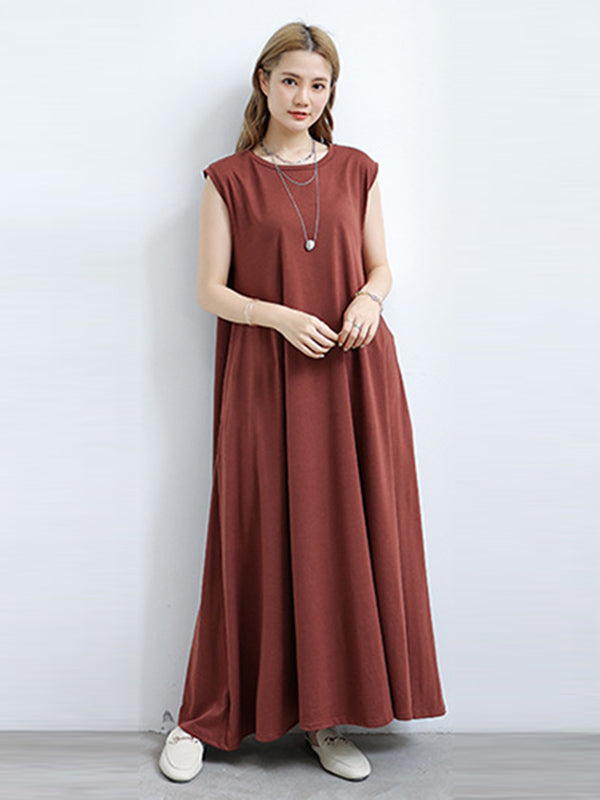 Simple Solid Color Oversized A-Line Round-Neck Cap Sleeves Maxi Dress