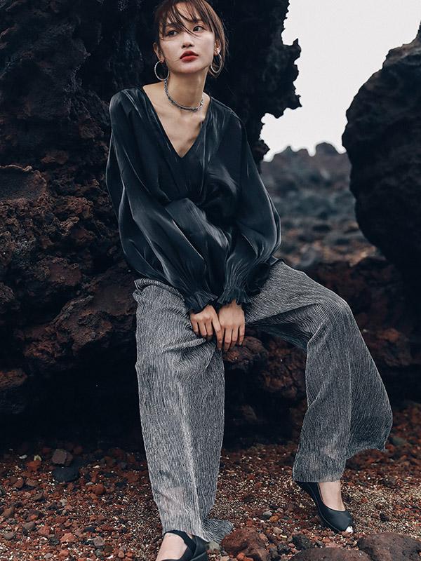 V-neck Chiffon Puff Sleeves Loose Shirt Top