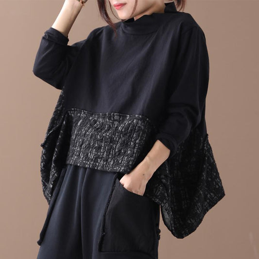 Buykud Literary Irregular Spliced Half Turtleneck Blouse