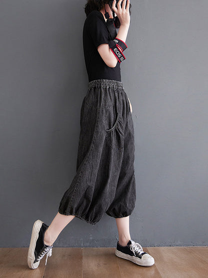 Loose Casual Elasticity High-Waist Wide Legs Jean Pants Knickerbockers