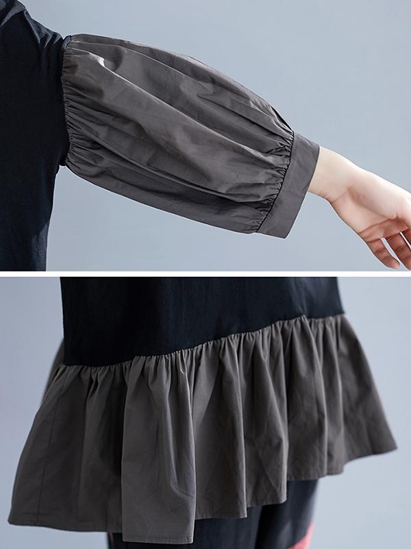 Loose Solid Falbala Split-joint Lantern Sleeve T-Shirt&Pants Suits