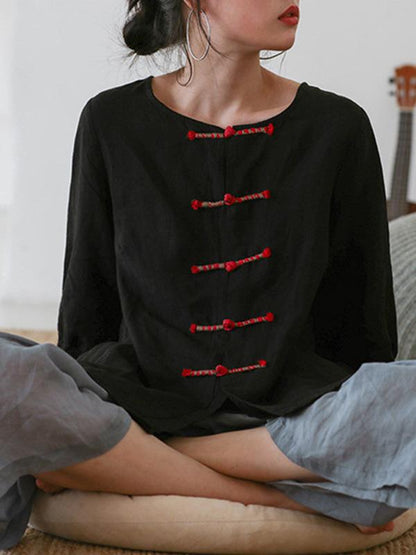 Casual Retro Linen Frog Blouses