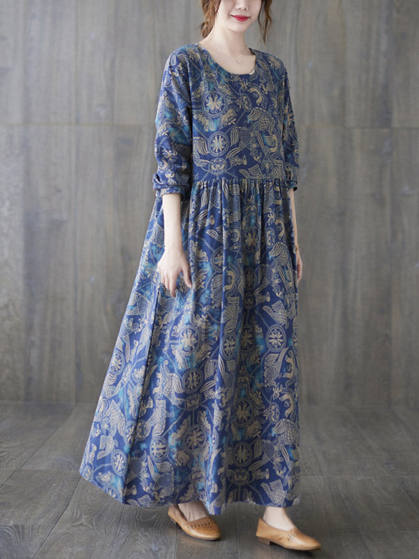Vintage Ramie Cotton Floral Printed Round-Neck Long Sleeves Maxi Dress