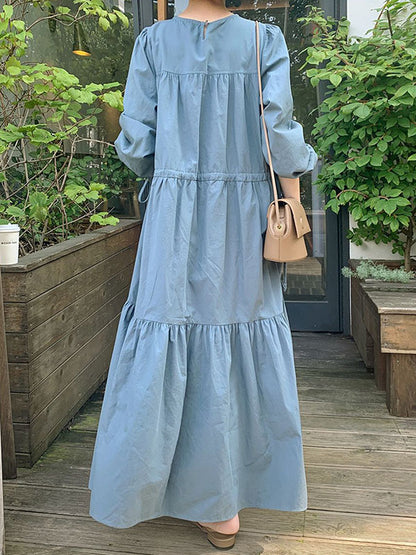 Casual Solid Color Pleated Drawstring Round-Neck Long Sleeves Midi Dress