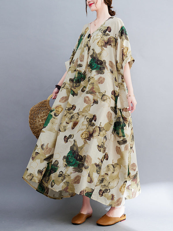 Artistic Retro Loose Floral Printed Ramie Cotton Midi Dress