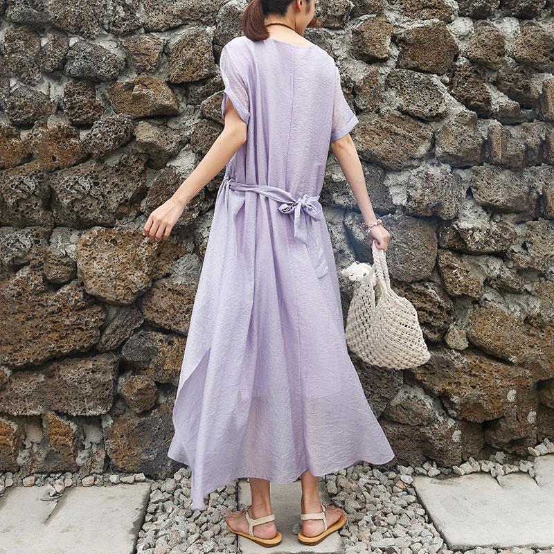 Women Short Sleeve Purple Lacing Lining Dress