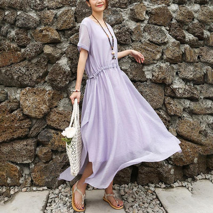 Women Short Sleeve Purple Lacing Lining Dress