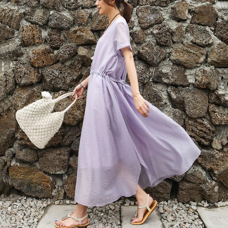 Women Short Sleeve Purple Lacing Lining Dress