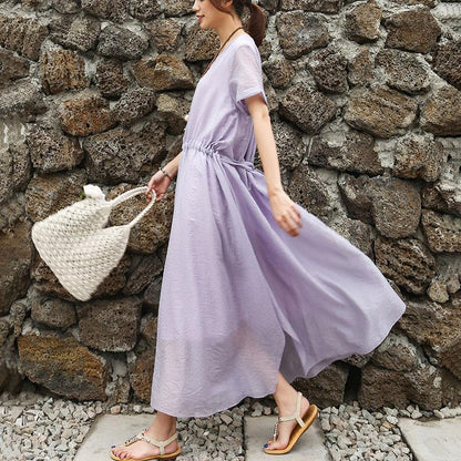 Women Short Sleeve Purple Lacing Lining Dress