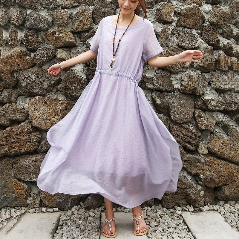 Women Short Sleeve Purple Lacing Lining Dress