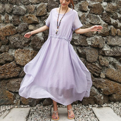 Women Short Sleeve Purple Lacing Lining Dress