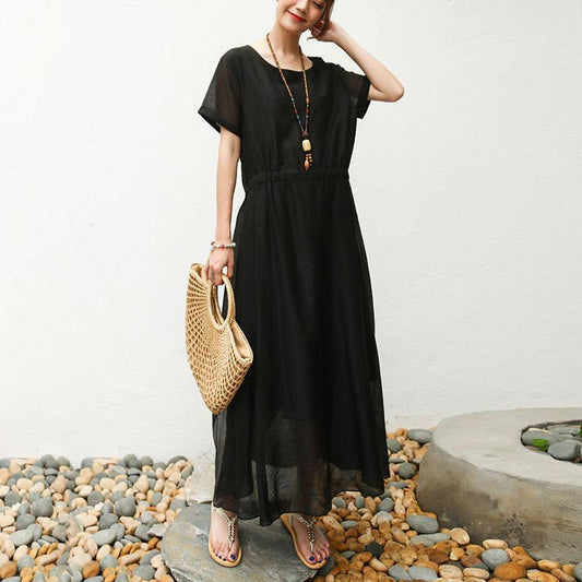Women Short Sleeve Black Lacing Lining Dress