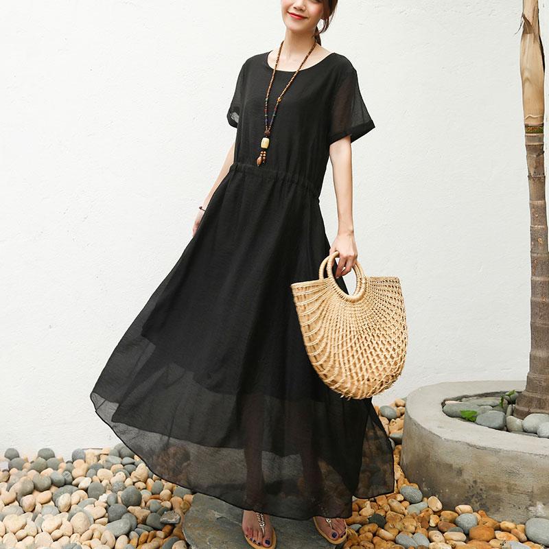 Women Short Sleeve Black Lacing Lining Dress