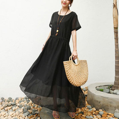 Women Short Sleeve Black Lacing Lining Dress