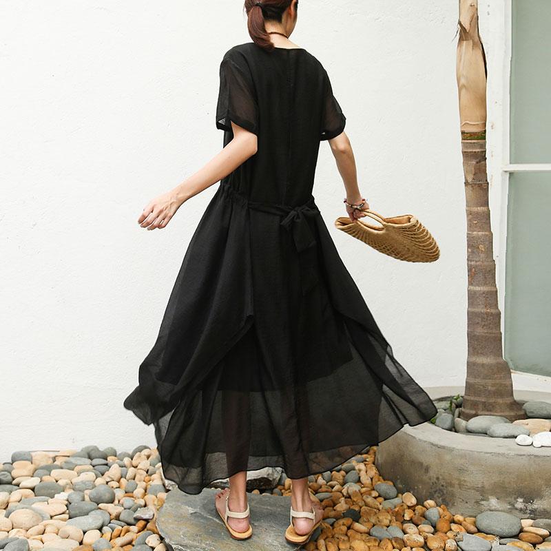 Women Short Sleeve Black Lacing Lining Dress
