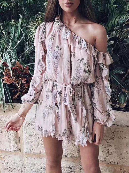 Bohemia Falbala Sloping Shoulder Long Sleeves Romper