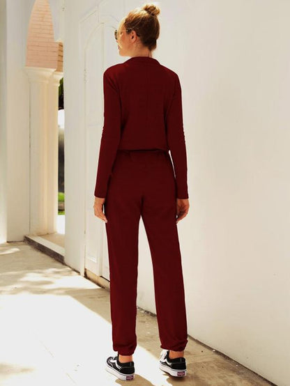 Solid Zipper Drawstring Jumpsuits