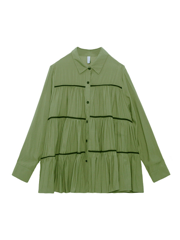 Original Buttoned Pleated Lapel Long Sleeves Blouse Tops