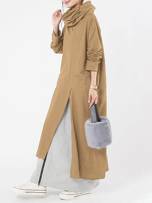 Casual Solid Color Split-Side Heaps Collar Long Sleeves Midi Dress