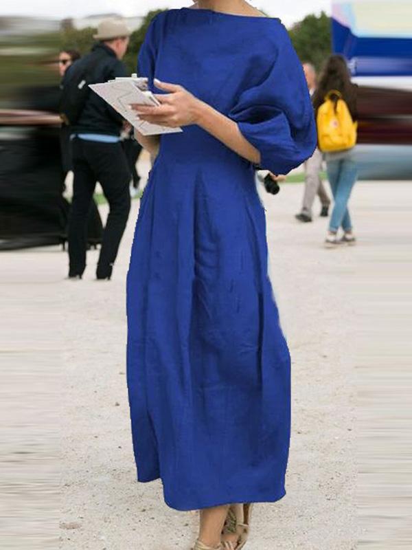 Ramie Cotton Lantern Sleeve Maxi Dress