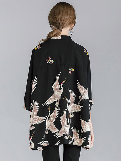 Original Crane Printed Buttoned Stand Collar Half Sleeves Blouse