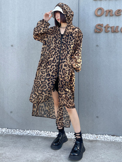 Original Leopard Zipper Split-Side Hooded Long Sleeves Sun-Protection Outerwear