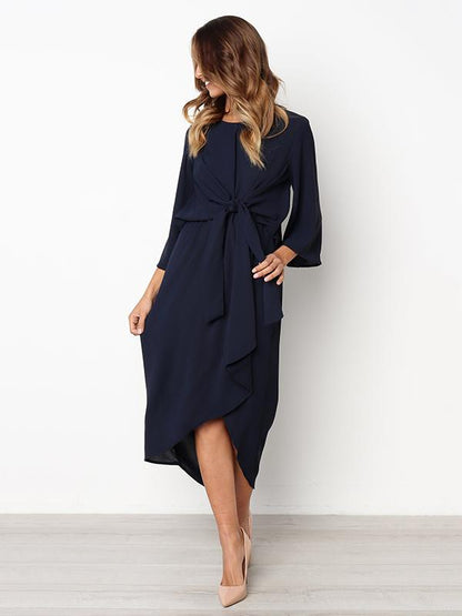 Solid Color Bandage Fabala Long Sleeves Midi Dress