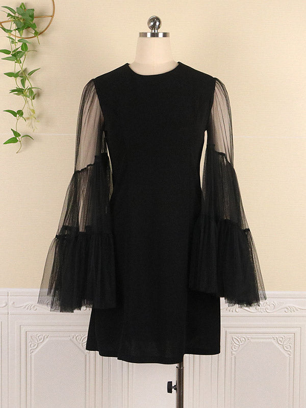 Stylish Loose Solid Color Split-Joint Mesh Falbala Flared Long Sleeves Round-Neck Mini Dress