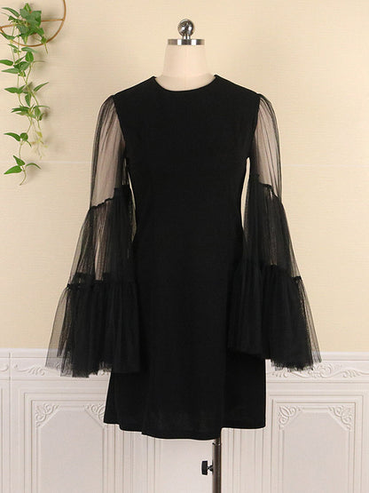Stylish Loose Solid Color Split-Joint Mesh Falbala Flared Long Sleeves Round-Neck Mini Dress